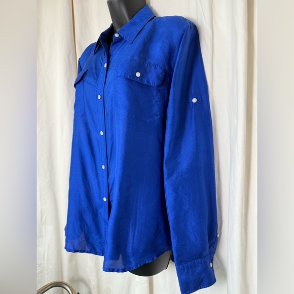 Lauren Ralph Lauren Women's Sz 12 100% Silk Royal Cobalt Blue Button Down Blouse - Picture 2 of 6